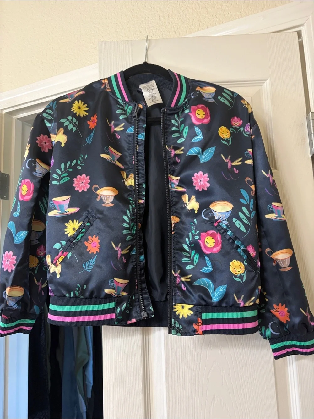 Disney Kids Floral Tea-Print Puffer Jacket - Black with Pink & Green Trim
